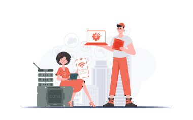 Bilgi işlem ve otomasyon konsepti. İnternetteki Şeyler Takımı. Web siteleri ve sunumlar için iyi. Moda düz stil. Vektör.