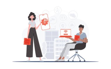 Bilgi işlem ve otomasyon konsepti. Kız ve erkek, internet alanında bir takım oluşturuyorlar. Web siteleri ve sunumlar için iyi. Düz moda vektör illüstrasyonuName.