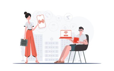 Bilgi işlem ve otomasyon konsepti. Kız ve erkek, internet alanında bir takım oluşturuyorlar. Web siteleri ve sunumlar için iyi. Düz biçimli vektör illüstrasyonu.
