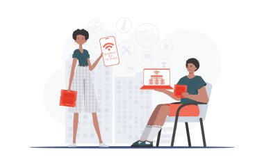 Bilgi işlem ve otomasyon konsepti. Kız ve erkek, internet alanında bir takım oluşturuyorlar. Sunumlar ve web siteleri için iyi. Düz biçimli vektör illüstrasyonu.