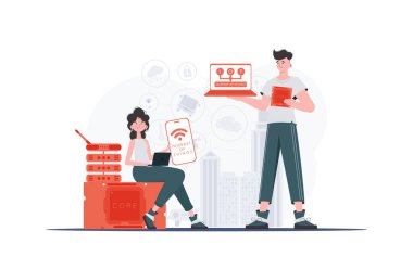 Bilgi işlem ve otomasyon konsepti. Kız ve erkek, internet alanında bir takım oluşturuyorlar. Sunumlar ve web siteleri için iyi. Vektör illüstrasyonu.
