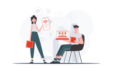 Bilgi işlem ve otomasyon konsepti. Kız ve erkek, internet alanında bir takım oluşturuyorlar. Sunumlar ve web siteleri için iyi. Moda düz stil. Vektör.