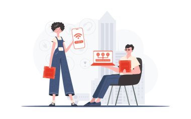 Bilgi işlem ve otomasyon konsepti. Kız ve erkek, internet alanında bir takım oluşturuyorlar. Web siteleri ve sunumlar için iyi. Düz moda vektör illüstrasyonuName.