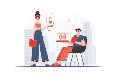 Bilgi işlem ve otomasyon konsepti. Kız ve erkek, internet alanında bir takım oluşturuyorlar. Web siteleri ve sunumlar için iyi. Vektör illüstrasyonu.