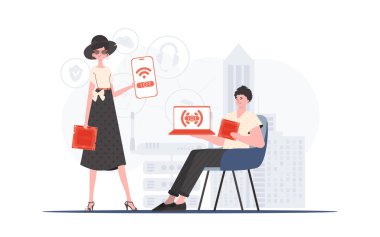 Bilgi işlem ve otomasyon konsepti. Kız ve erkek, internet alanında bir takım oluşturuyorlar. Sunumlar ve web siteleri için iyi. Düz moda vektör illüstrasyonuName.