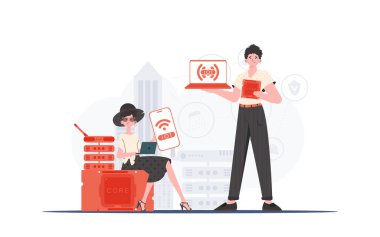 Bilgi işlem ve otomasyon konsepti. Kız ve erkek, internet alanında bir takım oluşturuyorlar. Sunumlar ve web siteleri için iyi. Düz biçimli vektör illüstrasyonu.