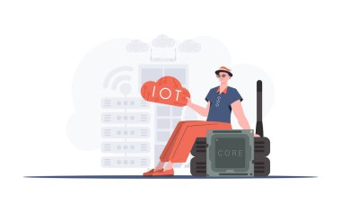 İnternet konsepti. Adam yönlendiricinin üzerinde oturuyor ve logonun internetini elinde tutuyor. Moda düz stil. Vektör.