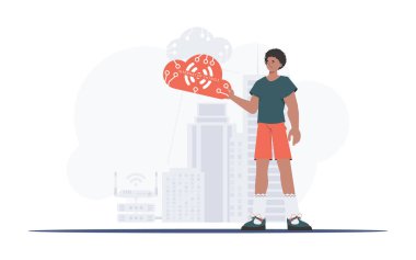 Adam elinde internet ikonu gibi bir şey tutuyor. Bilgi işlem ve otomasyon konsepti. Sunumlar ve web siteleri için iyi. Moda düz stil. Vektör.