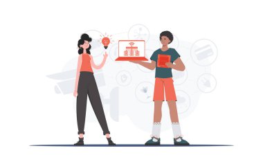 Kız ve erkek, internet alanında bir takım oluşturuyorlar. İnternet konsepti. Sunumlar ve web siteleri için iyi. Moda düz stil. Vektör.