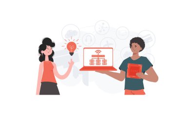 Kız ve erkek, internet alanında bir takım oluşturuyorlar. İnternet ve otomasyon konsepti. Web siteleri ve sunumlar için iyi. Düz moda vektör illüstrasyonuName.