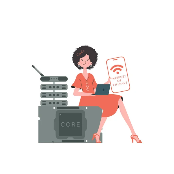 Bir Kadın Elinde Logosu Olan Bir Telefon Tutuyor Nternet Konsepti — Stok Vektör
