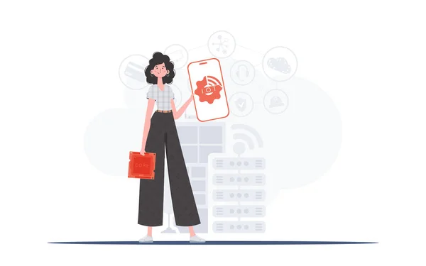 Iot概念 一个女人手里拿着一个带有Iot标志的电话 流行平板风格的矢量图解 — 图库矢量图片