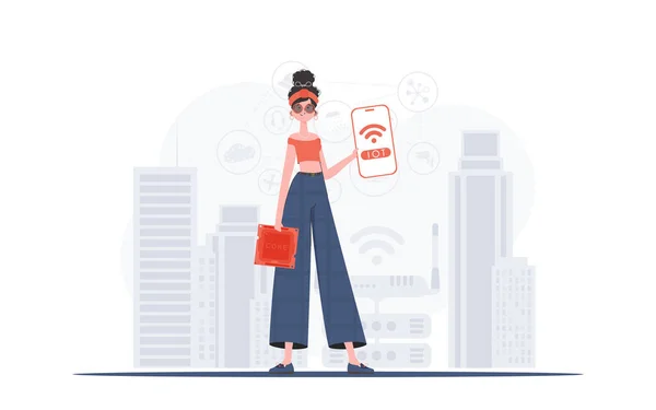 Iot和自动化概念 一个女人手里拿着一个带有Iot标志的电话 时尚的扁平风格 矢量说明 — 图库矢量图片