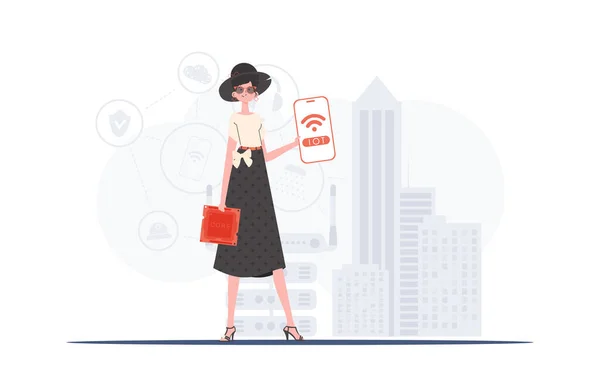 Iot和自动化概念 一个女人手里拿着一个带有Iot标志的电话 — 图库矢量图片