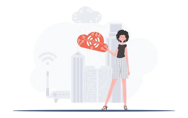 Kobieta Trzyma Rękach Ikonę Internetu Koncepcja Iot Automatyzacji Dobre Dla — Wektor stockowy