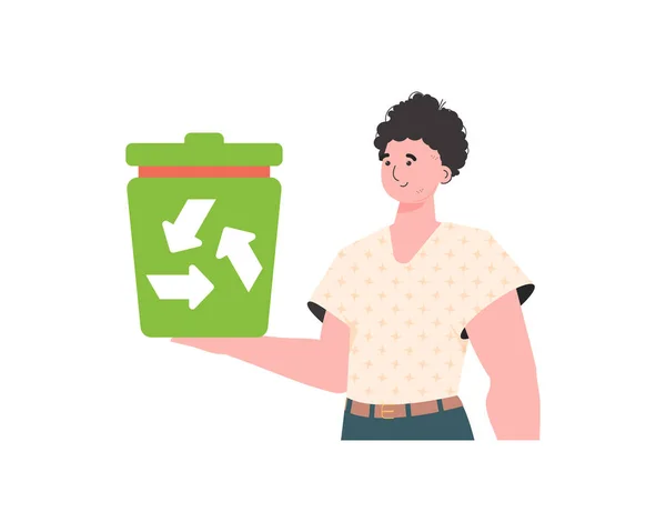 Guy Depicted Waist Holds Trash Can His Hand Concept Recycling — Vettoriale Stock