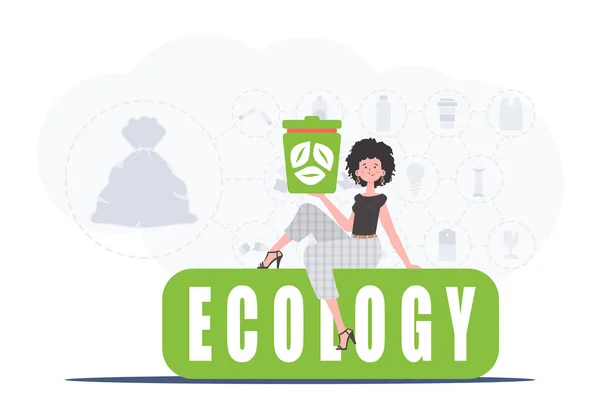 Girl Sits Holds Urn Her Hands Concept Ecology Recycling Trendy — Stockvector