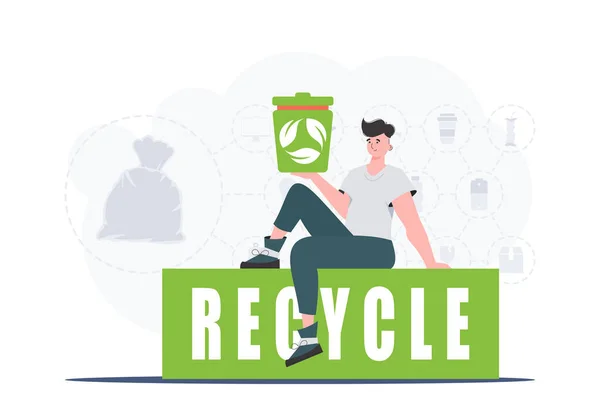 Type Assoit Tient Une Poubelle Dans Main Concept Écologie Recyclage — Image vectorielle