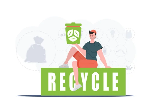 Man Sits Holds Trash Can His Hand Concept Recycling Zero — 스톡 벡터