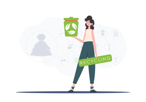 Concept Ecology Recycling Girl Holding Trash Can Her Hands Trendy — 스톡 벡터