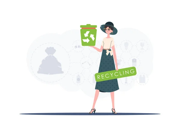 Concept Ecology Recycling Girl Holding Trash Can Her Hands Vector — 스톡 벡터