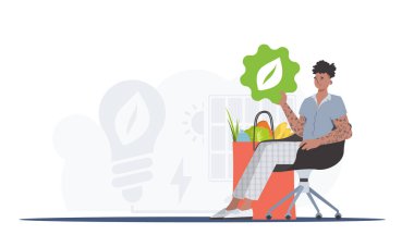 Adam sağlıklı yiyeceklerle dolu bir paketin yanında oturuyor ve elinde bir EKO ikonu var. Sağlıklı gıda, ekoloji, geri dönüşüm ve sıfır atık kavramı. Trend vektör illüstrasyonu.