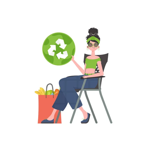 Woman Sits Next Package Healthy Food Redirects Eko Icon Isolated — Stockvector