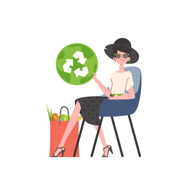 Woman Sits Next Package Healthy Food Redirects Eko Icon Isolated — Image vectorielle