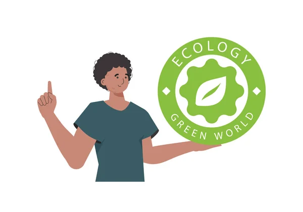 Man Holds Eco Logo His Hands Character Depicted Waist Concept — Image vectorielle