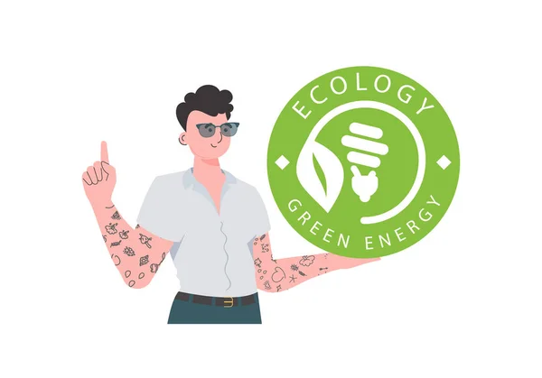 Man Holds Eco Logo His Hands Character Depicted Waist Concept — 图库矢量图片