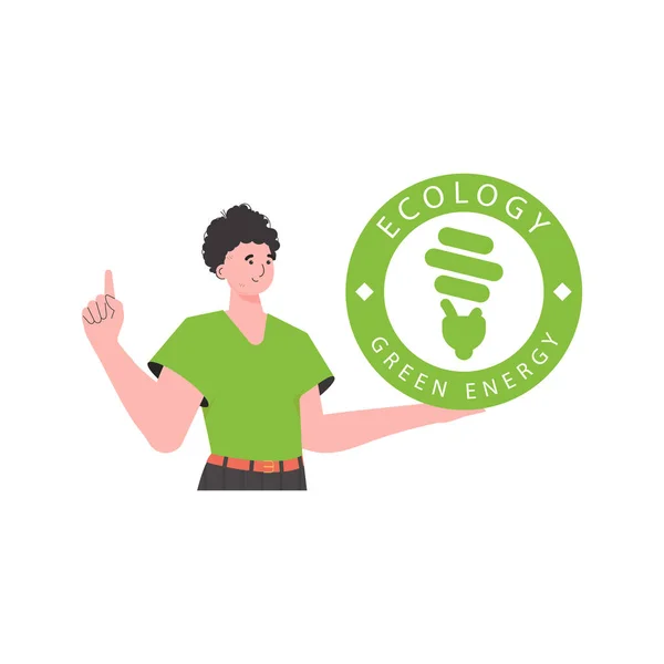 Man Holds Eco Logo His Hands Character Depicted Waist Concept — Archivo Imágenes Vectoriales