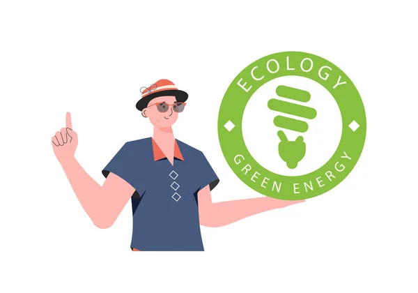 Man Holds Eco Logo His Hands Character Depicted Waist Concept — 스톡 벡터