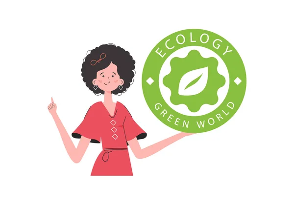 Girl Holds Eco Logo Her Hands Character Depicted Waist Concept — 图库矢量图片