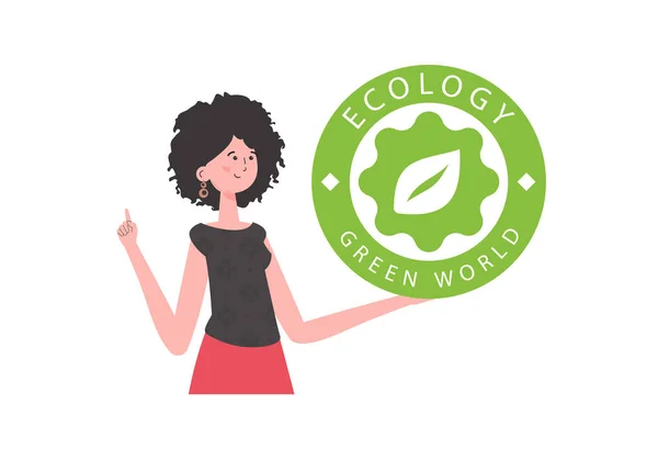 Girl Holds Eco Logo Her Hands Character Depicted Waist Concept — Vettoriale Stock