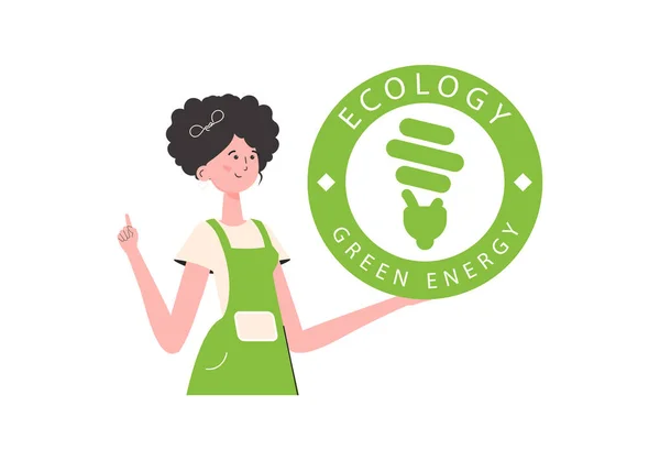 Girl Holds Eco Logo Her Hands Character Depicted Waist Concept — Image vectorielle
