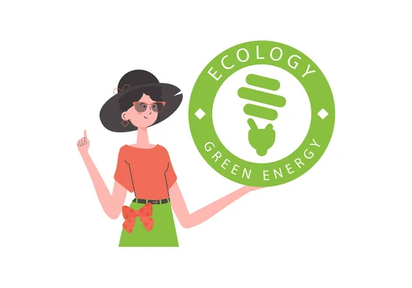 Girl Holds Eco Logo Her Hands Character Depicted Waist Concept — Image vectorielle