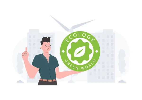 Concept Ecology Green Energy Guy Holds Eco Logo His Hands — Archivo Imágenes Vectoriales