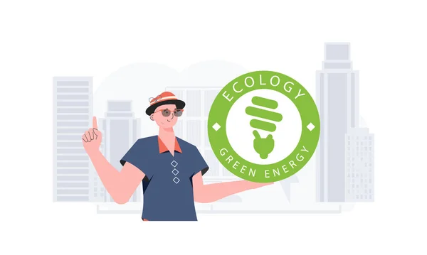 Concept Ecology Green Energy Man Holds Eco Logo His Hands — Vettoriale Stock