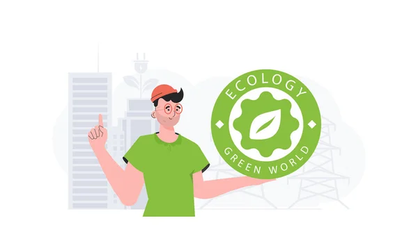 Concept Ecology Green Energy Guy Holds Eco Logo His Hands — Image vectorielle
