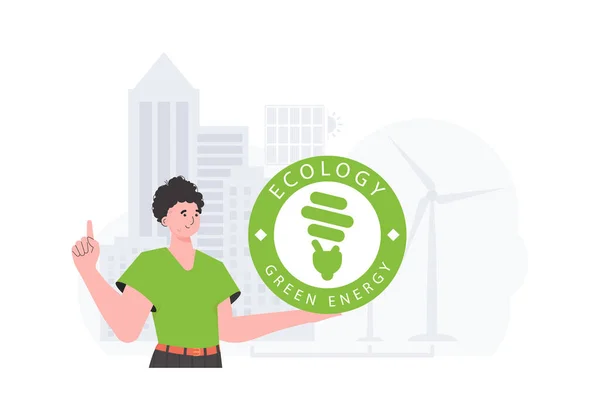 Concept Ecology Green Energy Man Holds Eco Logo His Hands — Vettoriale Stock