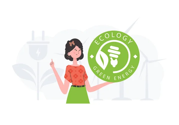 Concept Ecology Green Energy Woman Holding Eco Logo Her Hands — Vettoriale Stock