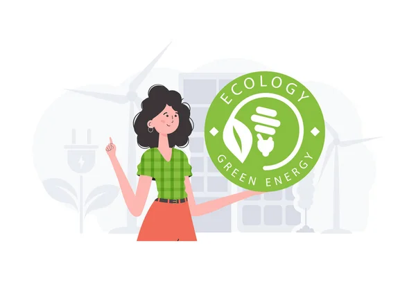 Concept Ecology Green Energy Girl Holds Eco Logo Her Hands — Image vectorielle