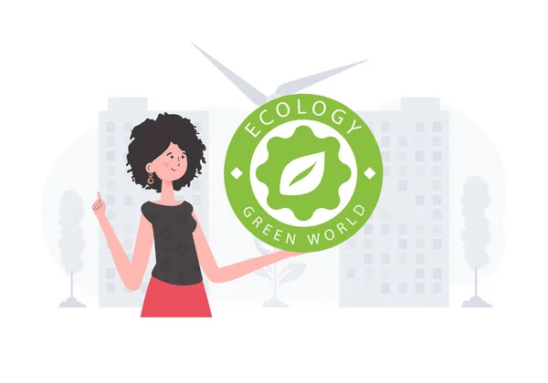 Concept Ecology Green Energy Girl Holds Eco Logo Her Hands — Vettoriale Stock