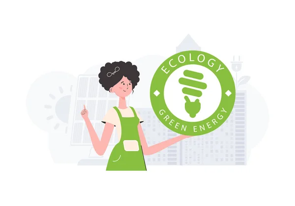 Concept Ecology Green Energy Girl Holds Eco Logo Her Hands — 图库矢量图片
