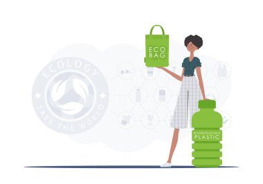 Ekoloji ve çevre bakımı kavramı. Bir kadın elinde bir ECO çantası tutuyor. Vektörde moda illüstrasyonu.