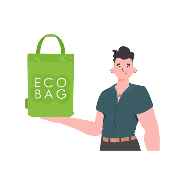 Man Holds Eco Bag His Hands Eco Friendly Concept Isolated — Stock Vector
