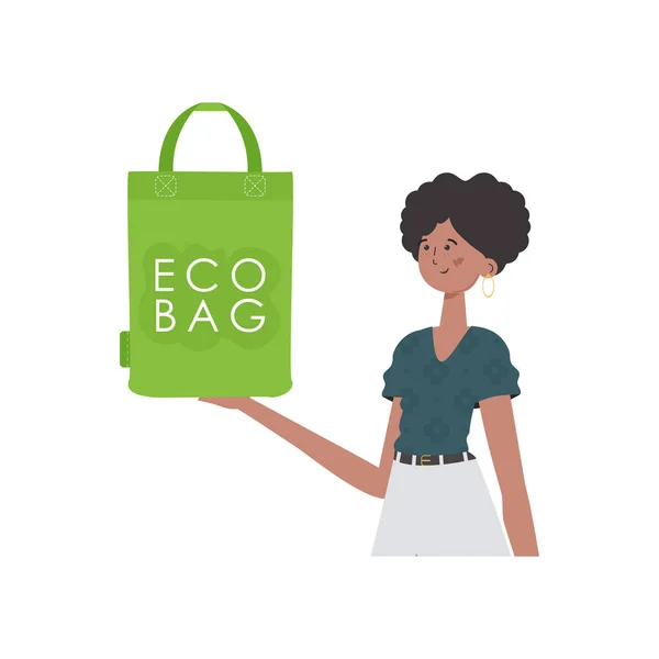 Woman Holds Eco Bag Her Hands Concept Green World Ecology — Vetor de Stock