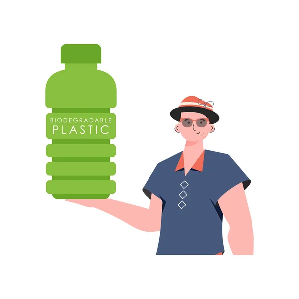 Man Holds Bottle Made Biodegradable Plastic His Hands Concept Green — 스톡 벡터