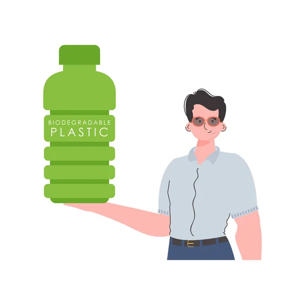 Man Holds Bottle Made Biodegradable Plastic His Hands Concept Green — 스톡 벡터