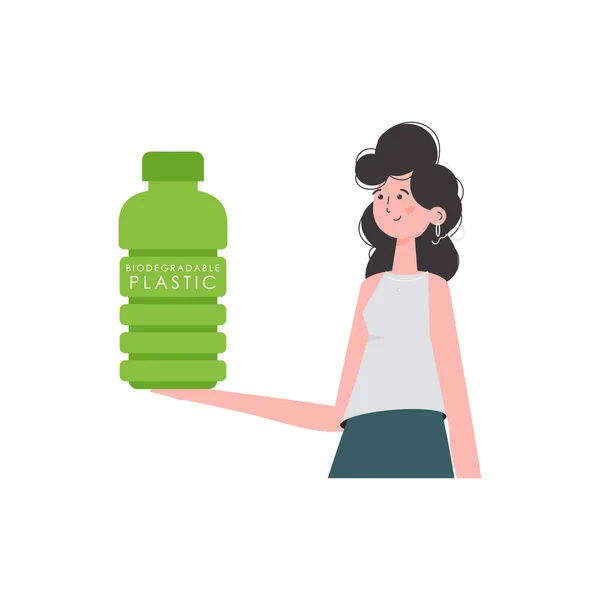 Woman Holds Bottle Made Biodegradable Plastic Her Hands Concept Green — 스톡 벡터
